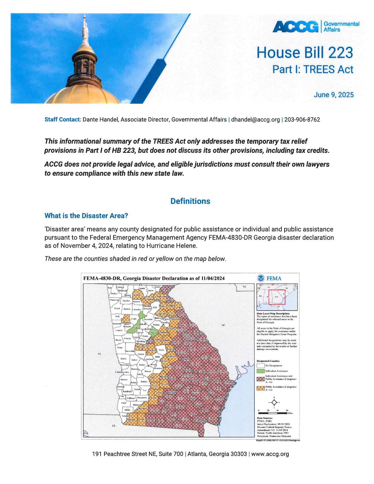 ACCG Summary: ‘Disaster area’ means any county designated for public assistance or individual and public assistance