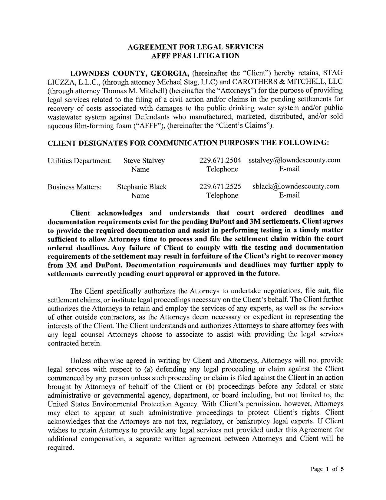 AGREEMENT FOR LEGAL SERVICES AFFF PFAS LITIGATION