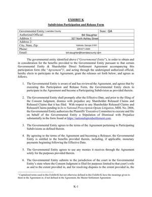 [Exhibit K: Subdivision Participation and Release Form]