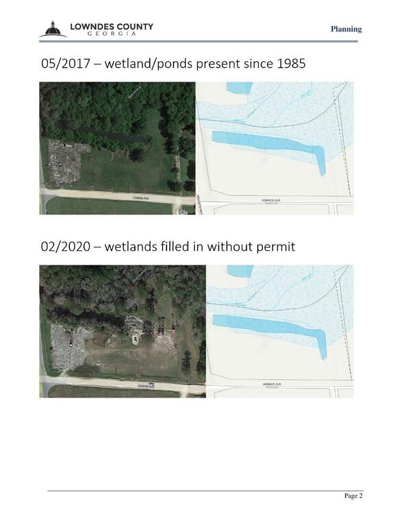 Aerial Maps: 05/2017 — wetland/ponds present since 1985; 02/2020 — wetlands filled in without permit