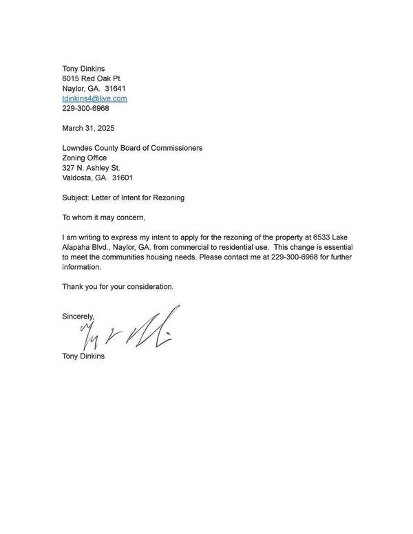 LoI for rezoning from Tony Dinkins