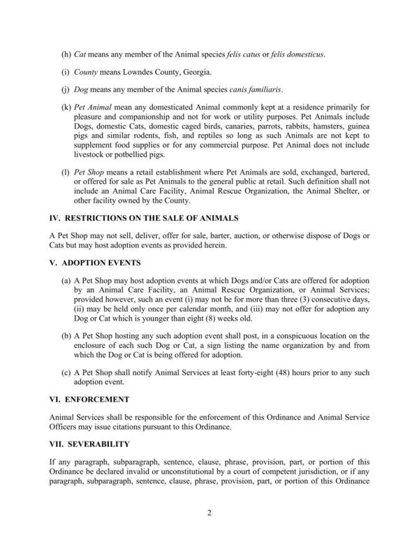 IV. RESTRICTIONS ON THE SALE OF ANIMALS