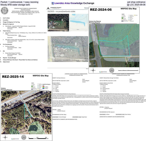 [Packet: 1 controversial, 1 easy rezoning, pet shop ordinance, Moody AFB water storage tank @ LCC 2025-09-08]