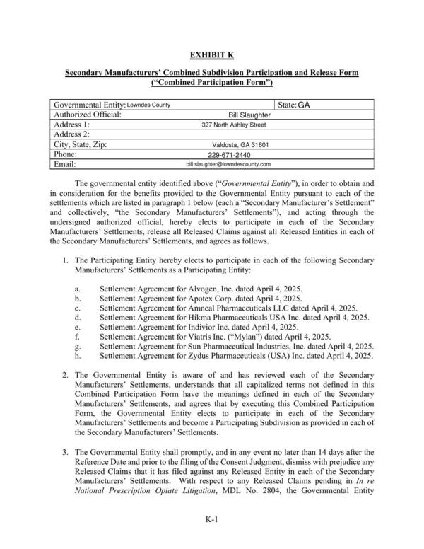 Secondary Manufacturers’ Combined Subdivision Participation and Release Form
