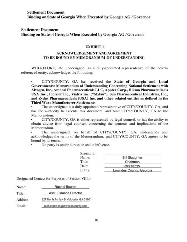 Exhibit I: ACKNOWLEDGEMENT AND AGREEMENT TO BE BOUND BY MEMORANDUM OF UNDERSTANDING