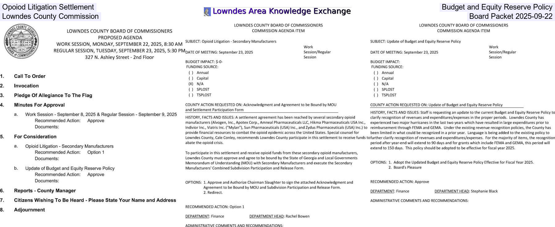 [Opioid Litigation Settlement, Budget and Equity Reserve Policy, Lowndes County Commission, Board Packet 2025-09-22]