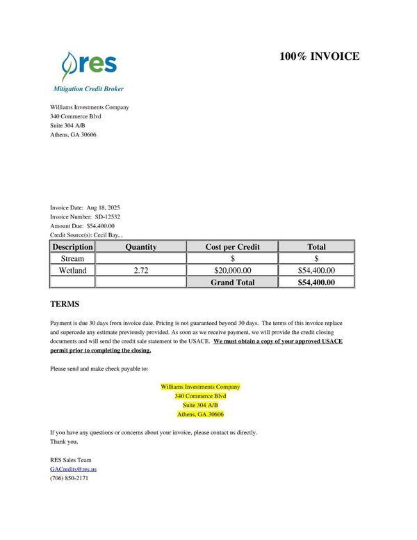 Invoice for $54,400 from Williams Investments Company