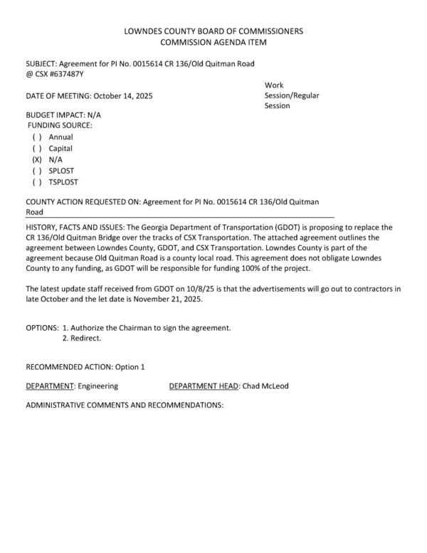 [The Georgia Department of Transportation (GDOT) is proposing to replace the CR 136/Old Quitman Bridge over the tracks of CSX Transportation.]