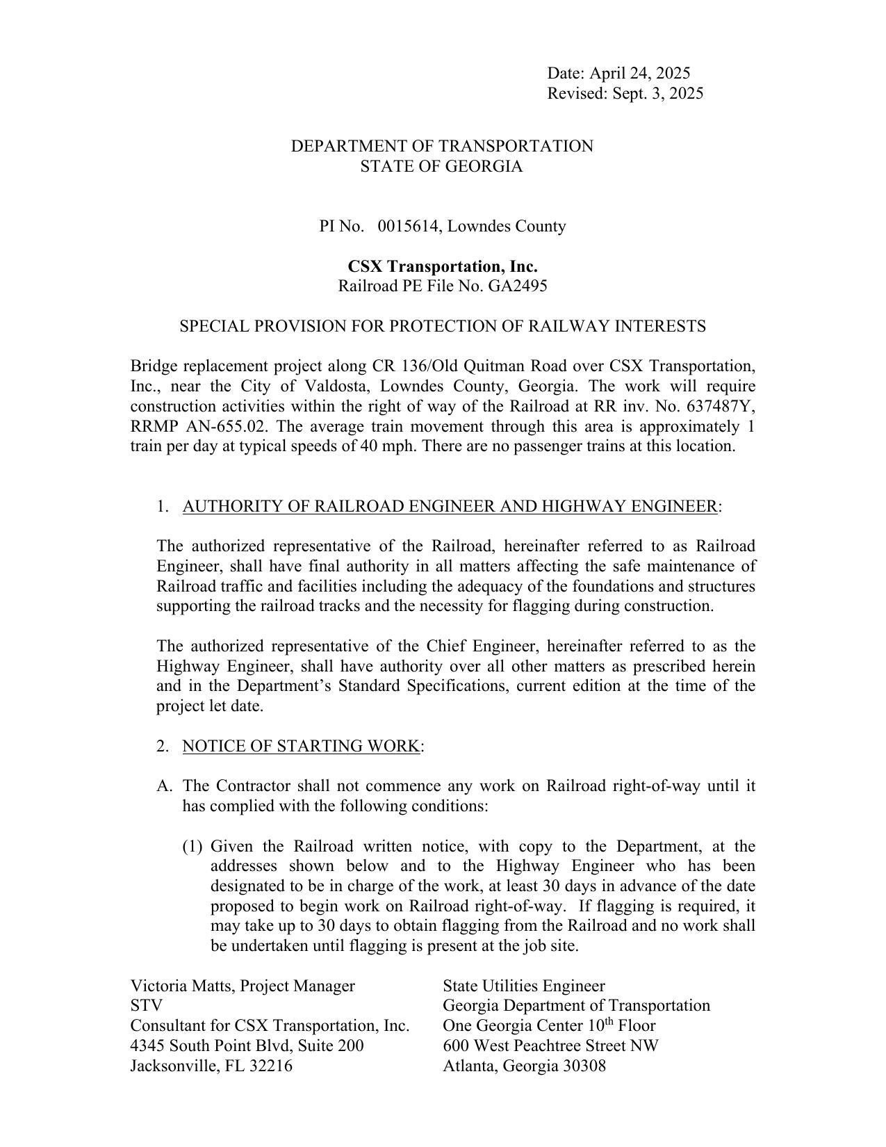 GDOT SPECIAL PROVISION FOR PROTECTION OF RAILWAY INTERESTS