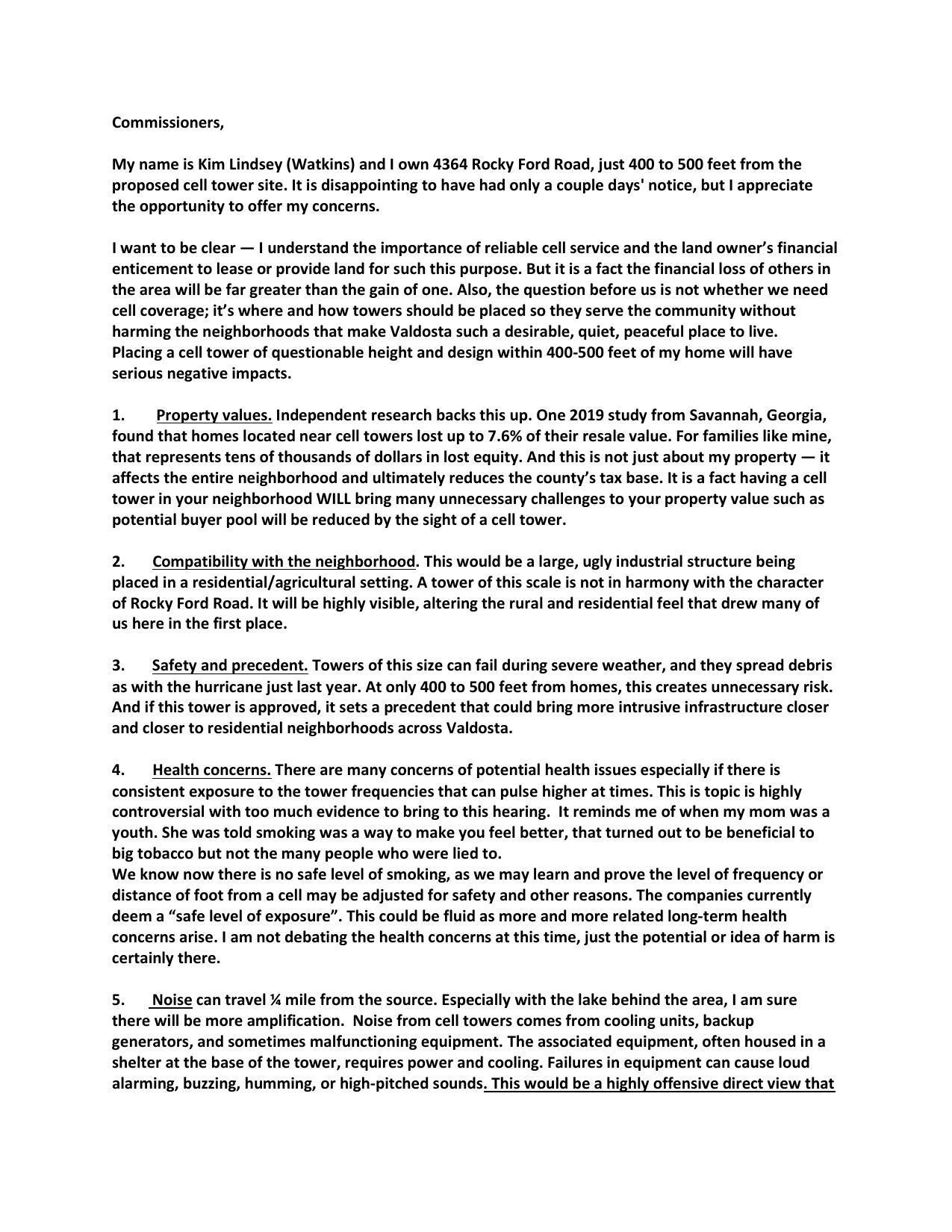 Objections from Kim Lindsey (Watkins)