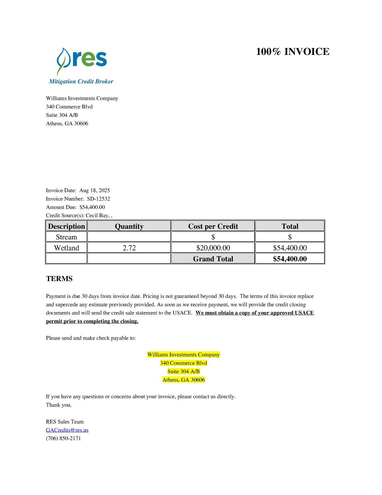 Invoice for $54,400 from Williams Investments Company