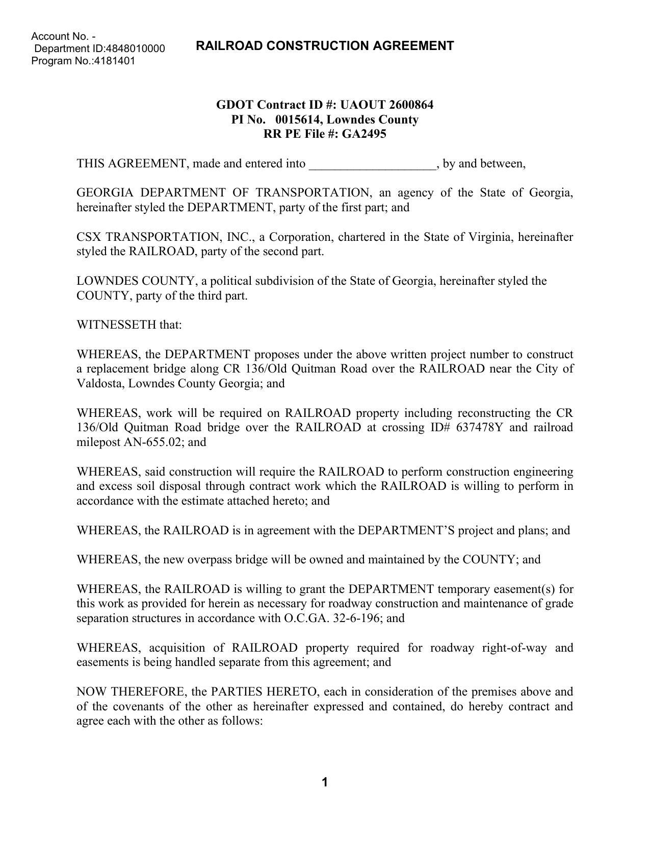Department 1D:4848010000 RAILROAD CONSTRUCTION AGREEMENT