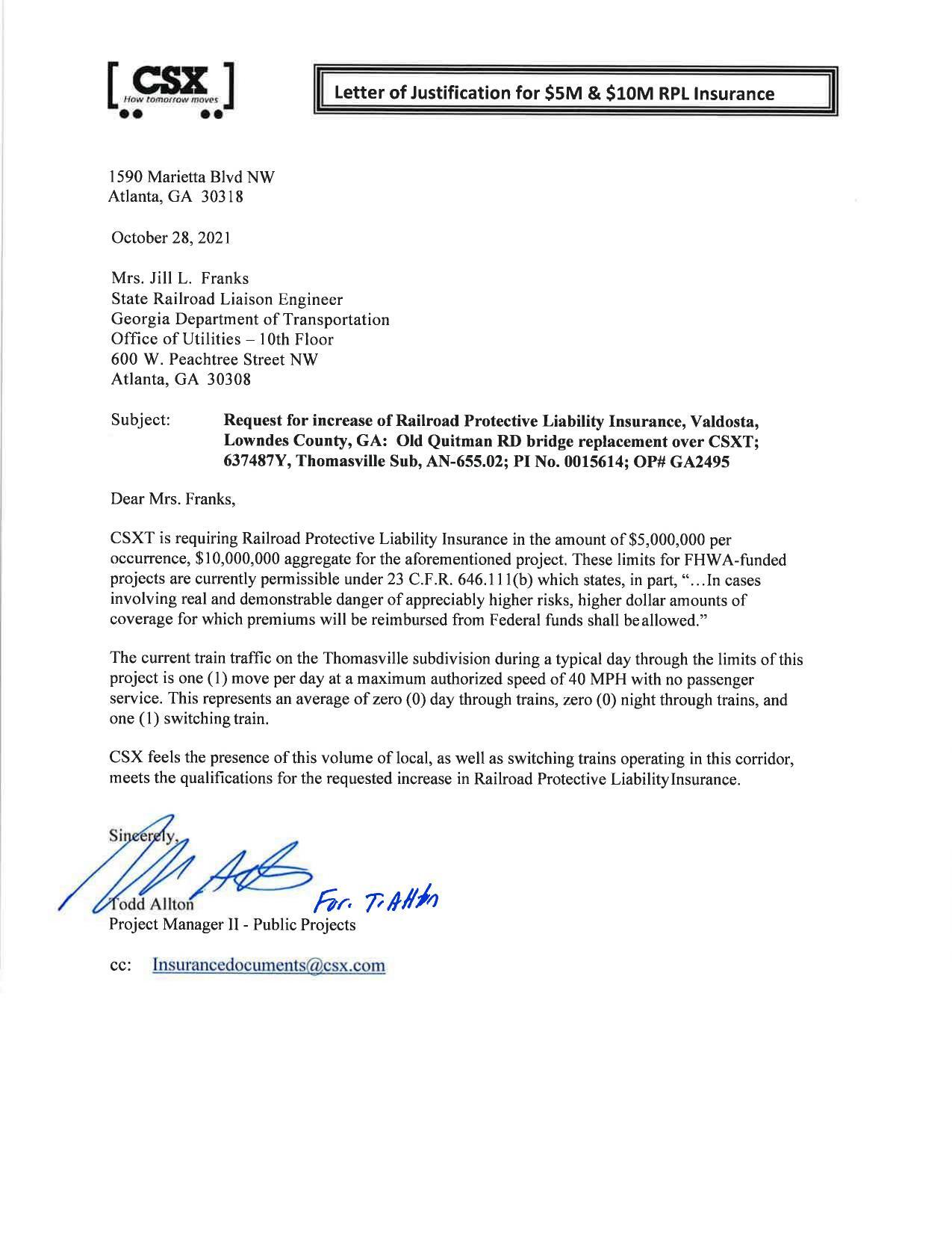 CSX Letter of Justification for $5M & $10M RPL Insurance
