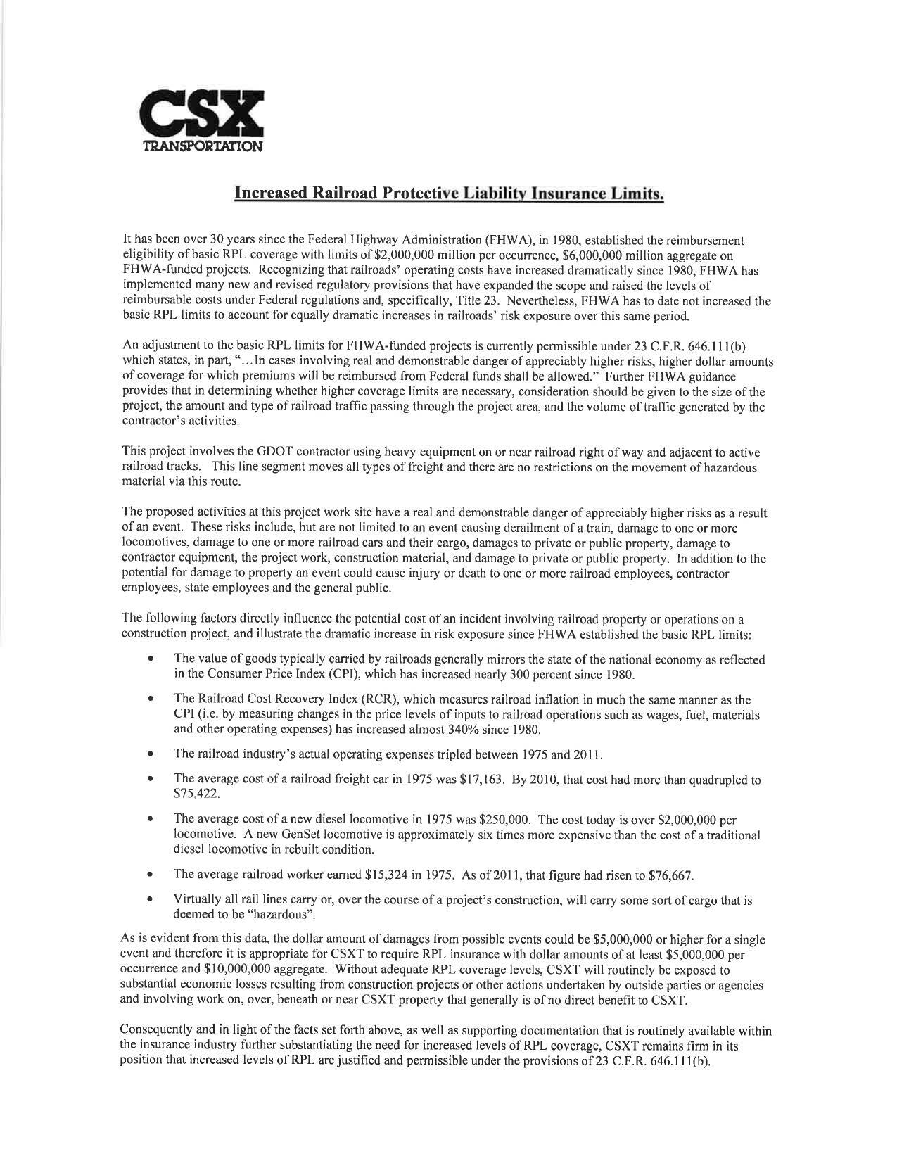 CSX Increased Railroad Protective Liability Insurance Limits