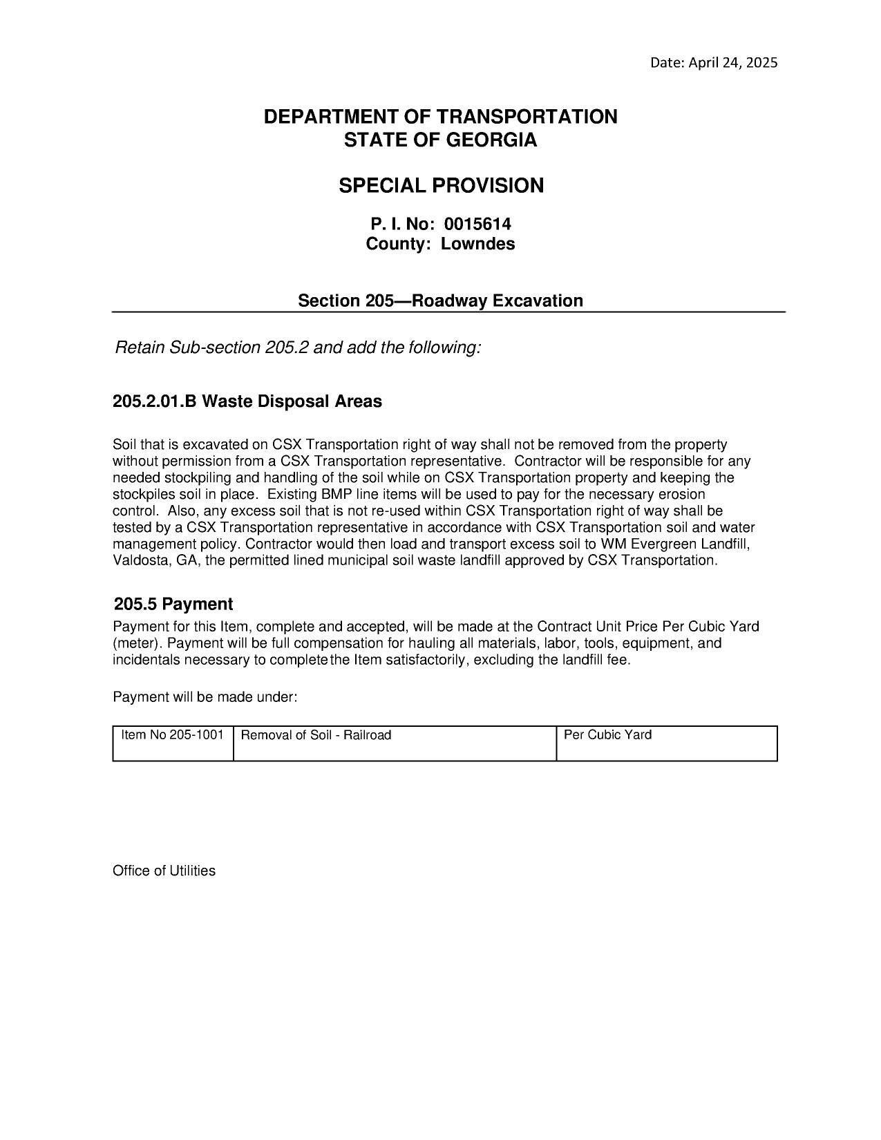 SPECIAL PROVISION Section 205—Roadway Excavation