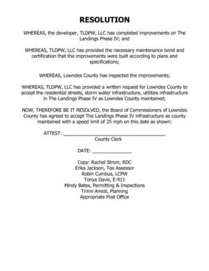 [RESOLUTION NOW, THEREFORE BE IT RESOLVED, the Board of Commissioners of Lowndes County has agreed to accept The Landings Phase IV infrastructure as county maintained with a speed limit of 25 mph on this date as shown:]