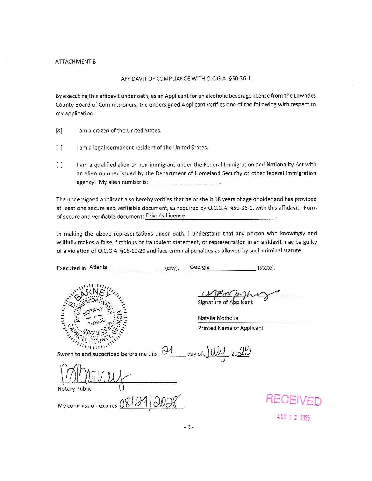 Natalie Morhouse, AFFIDAVIT OF COMPLIANCE WITH 0.C.G.A. §50-36-1