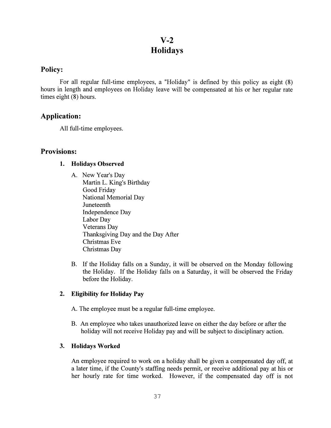 Holidays Policy, Application, and Provisions