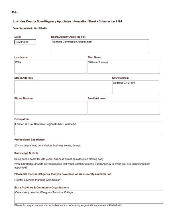 William (Tommy) Willis application