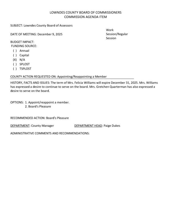 [Felicia Williams term expired. She and Gretchen Quarterman want to be appointed.]