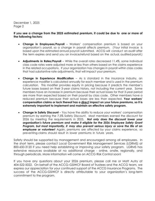 organization’s future premium and make it eligible for the 2026 Employee Safety Grant