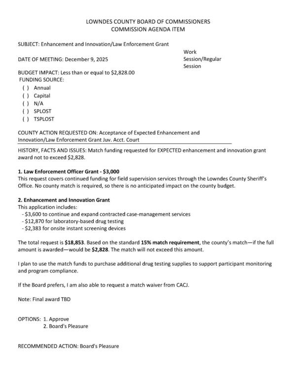 [BUDGET IMPACT: Less than or equal to $2,828.00. match funds to purchase additional drug testing supplies to support participant monitoring.]