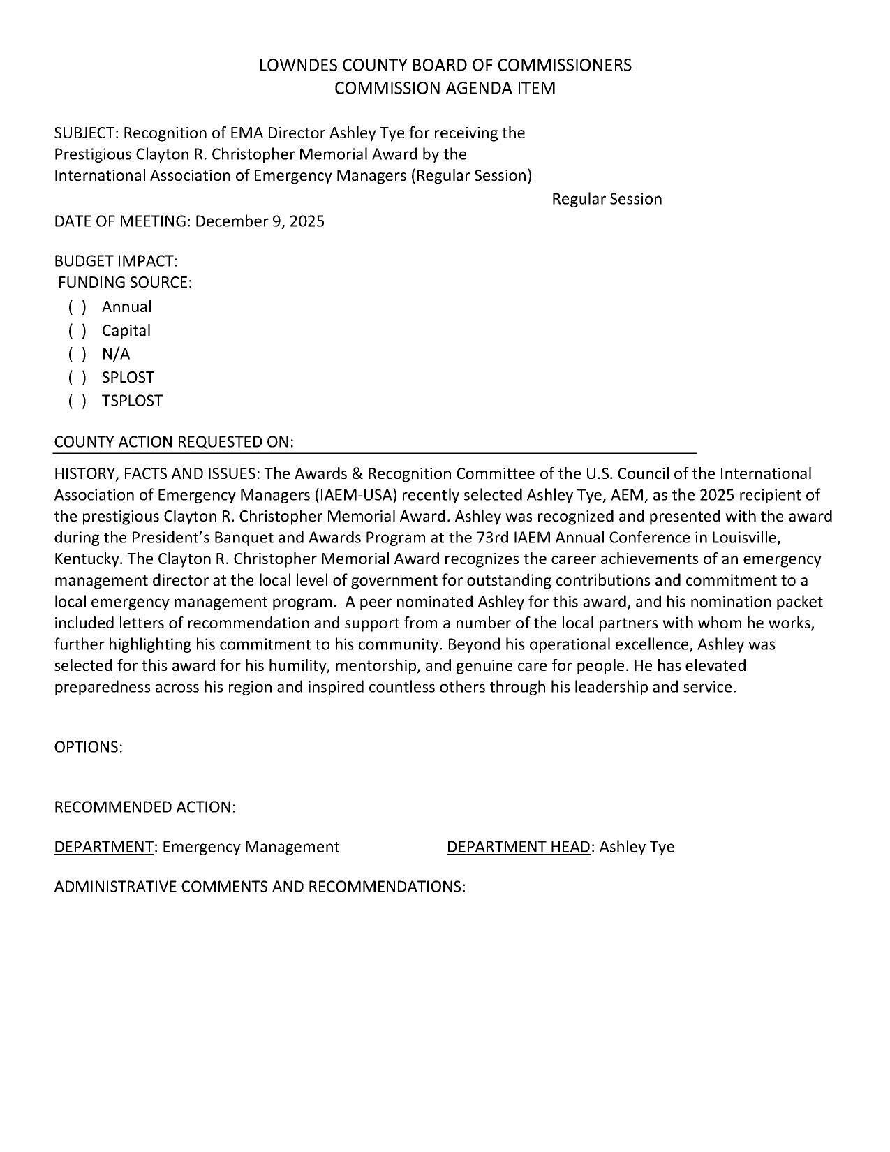 U.S. Council of the International Association of Emergency Managers (IAEM-USA) recently selected Ashley Tye, AEM, as the 2025 recipient of the prestigious Clayton R. Christopher Memorial Award.