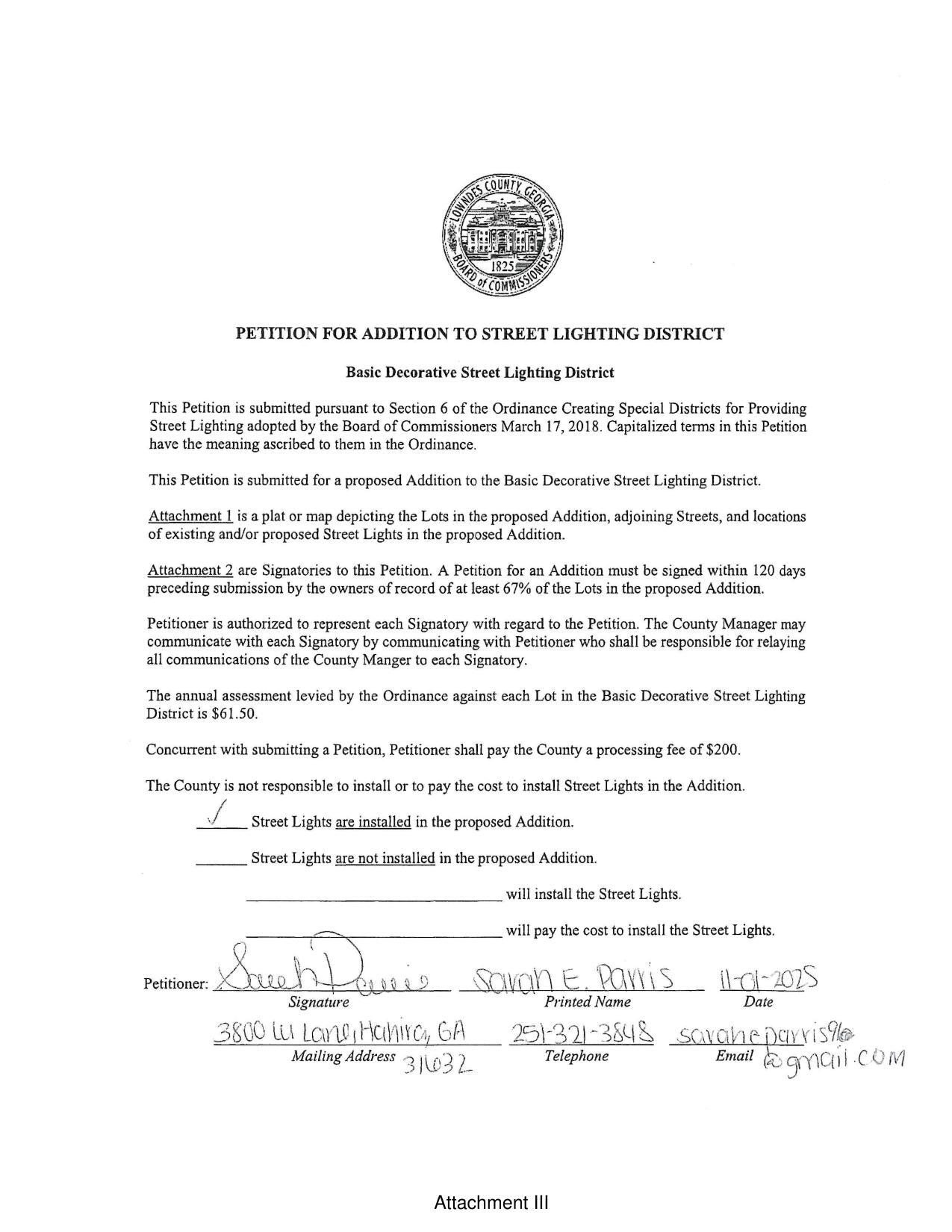 Petition for Addition to Street Lighting District