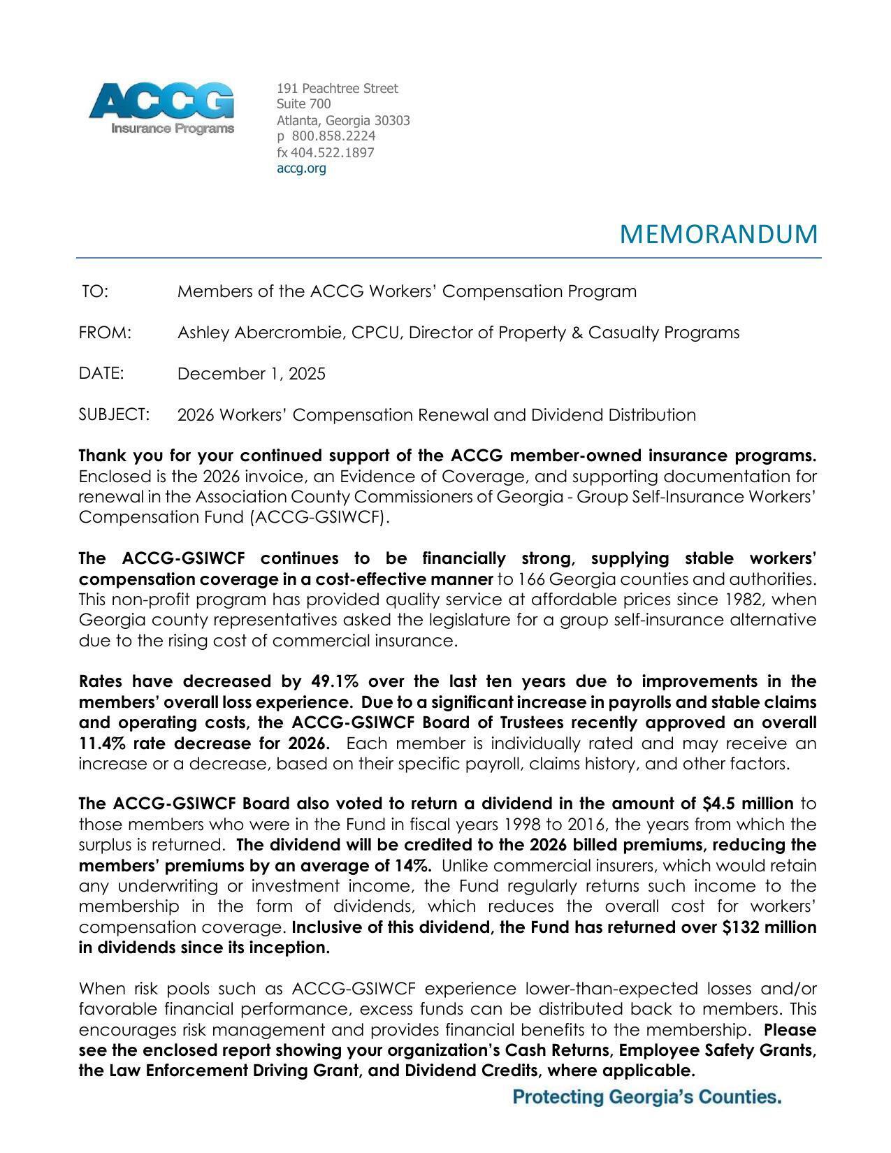 MEMORANDUM: — 2026 Workers’ Compensation Renewal and Dividend Distribution