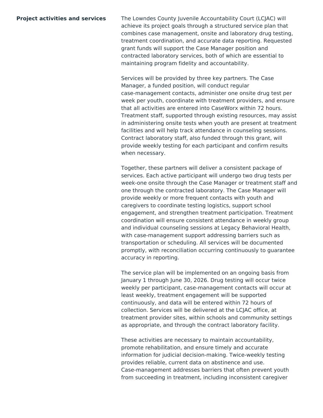 week per youth, coordinate with treatment providers, and ensure