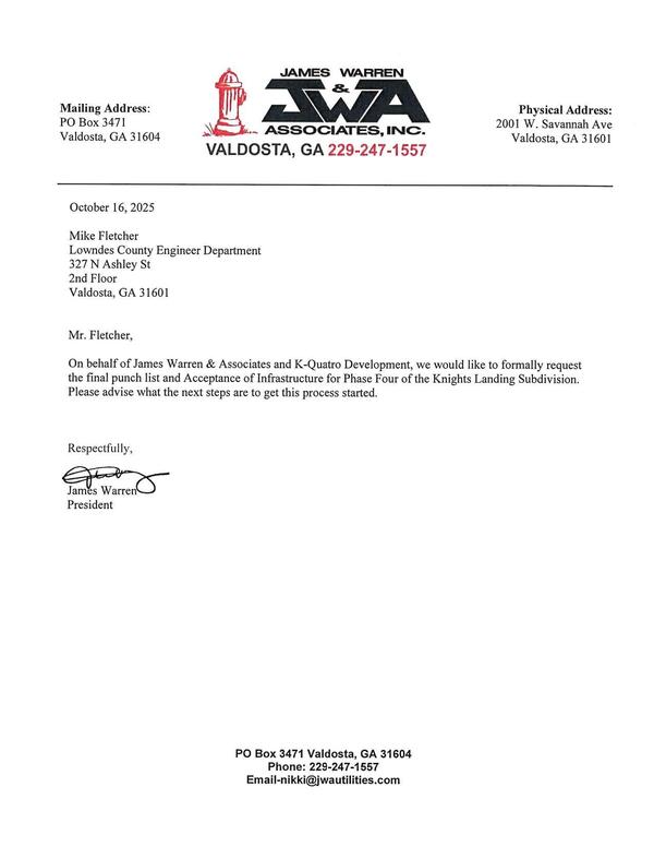 On behalf of James Warren & Associates and K-Quatro Development, we would like to formally request