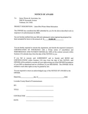 [NOTICE OF AWARD]