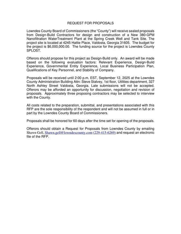 [Spring Creek WTP Design Build Ad, 2025-08-01 --Lowndes County Public Works]