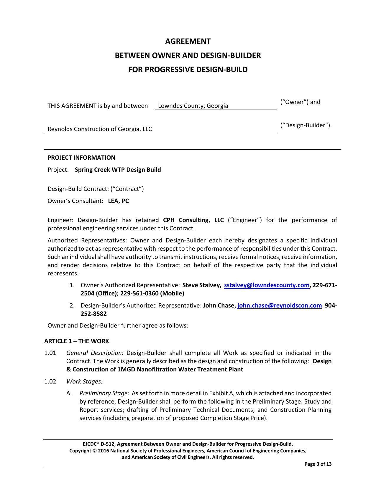 THIS AGREEMENT is by and between __ Lowndes County, Georgia and Reynolds Construction of Georgia, LLC