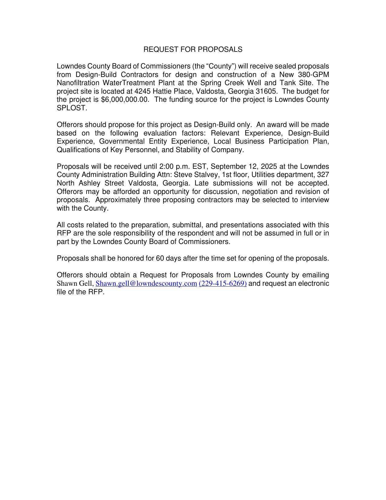 Spring Creek WTP Design Build Ad, 2025-08-01 --Lowndes County Public Works