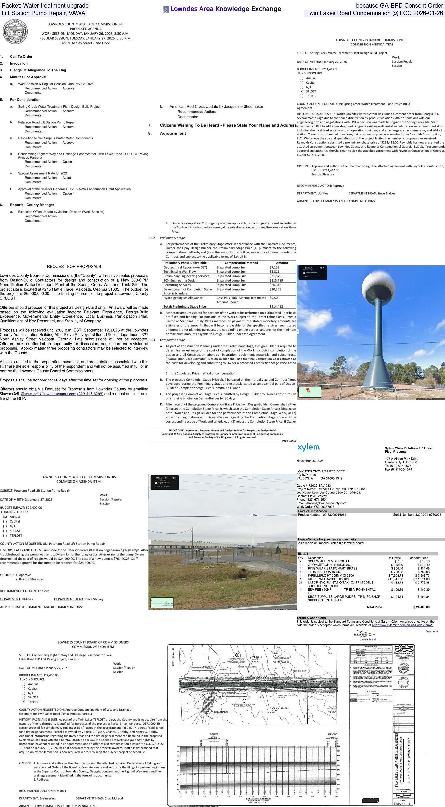 Packet: Water treatment upgrade because GA-EPD Consent Order, Lift Station Pump Repair, VAWA, Twin Lakes Road Condemnation @ LCC 2026-01-26