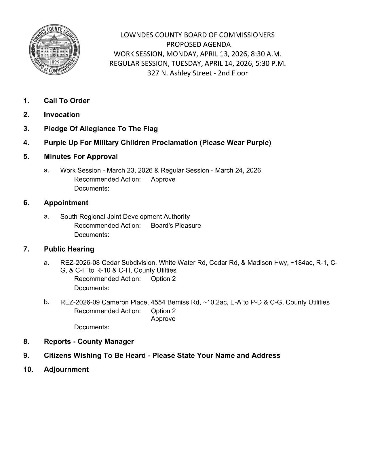 PROPOSED AGENDA