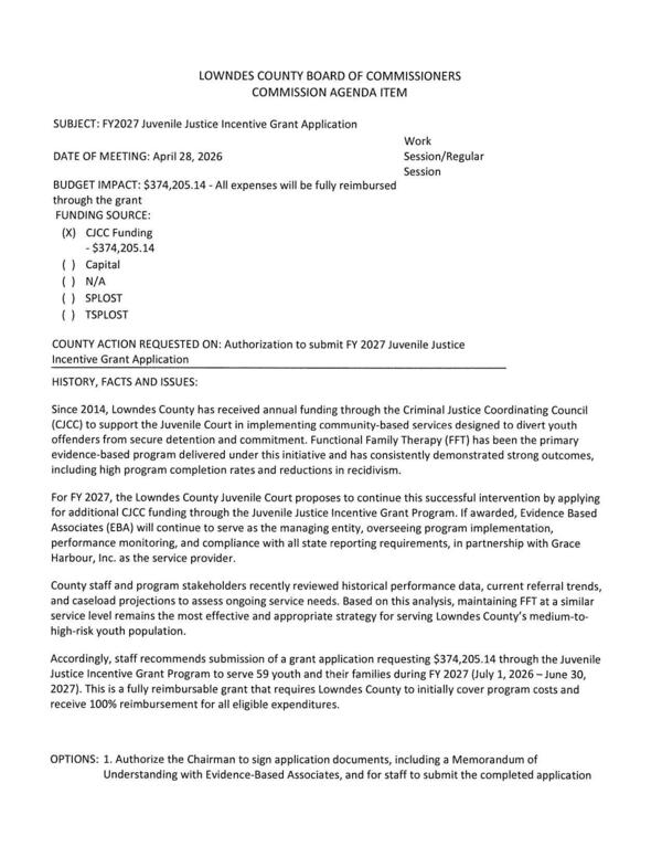 [More with Functional Family Therapy (FFT). BUDGET IMPACT: $374,205.14 - All expenses will be fully reimbursed through the grant FUNDING SOURCE: (X) CJCC Funding]