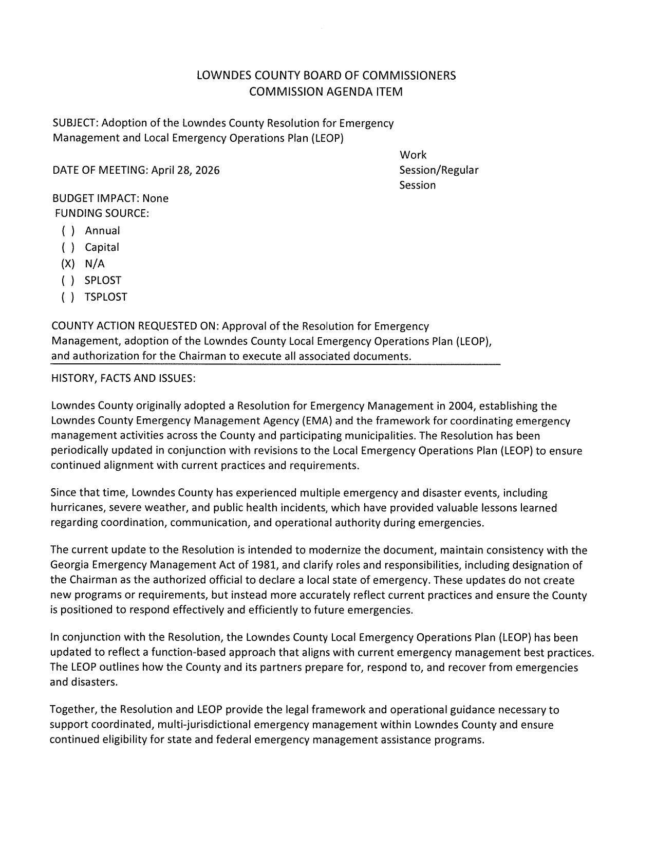 to modernize the document, maintain consistency with the Georgia Emergency Management Act of 1981, and clarify roles and responsibilities, including designation of the Chairman as the authorized official to declare a local state of emergency.
