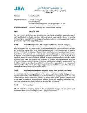 [Existing Well at Alapaha: Jim Stidham and Associates, Inc. (JSA) proposed scope of work and budget level cost estimate.]