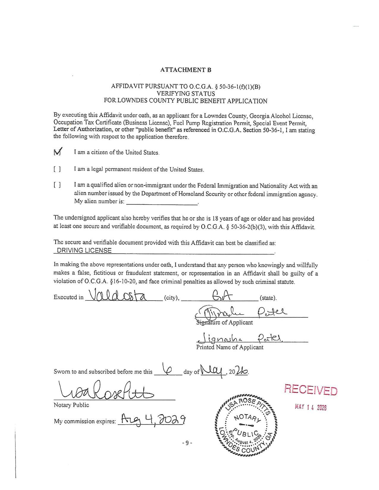 AFFIDAVIT PURSUANT TO 0.C.G.A. § 50-36-1(f)(1)(B)