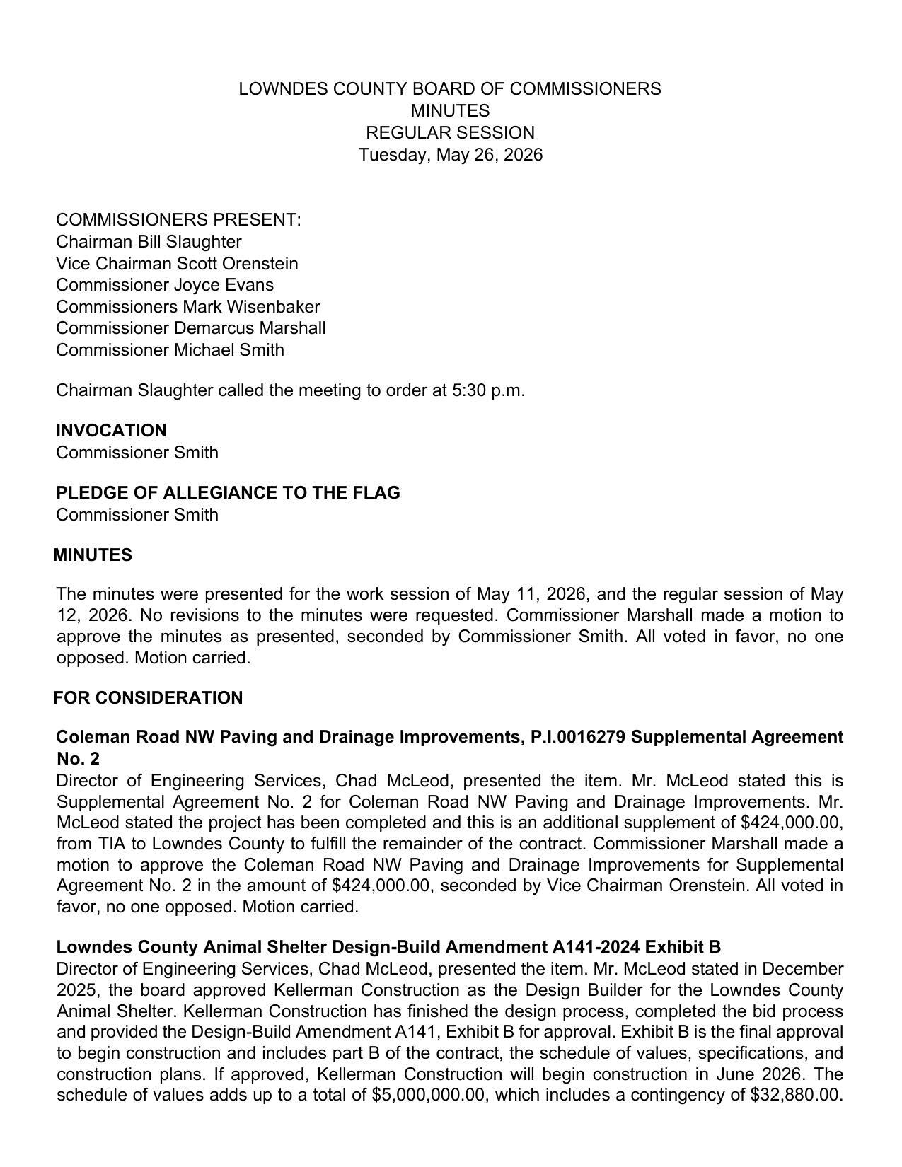 Coleman Road NW Paving and Drainage Improvements, P.I.0016279 Supplemental Agreement