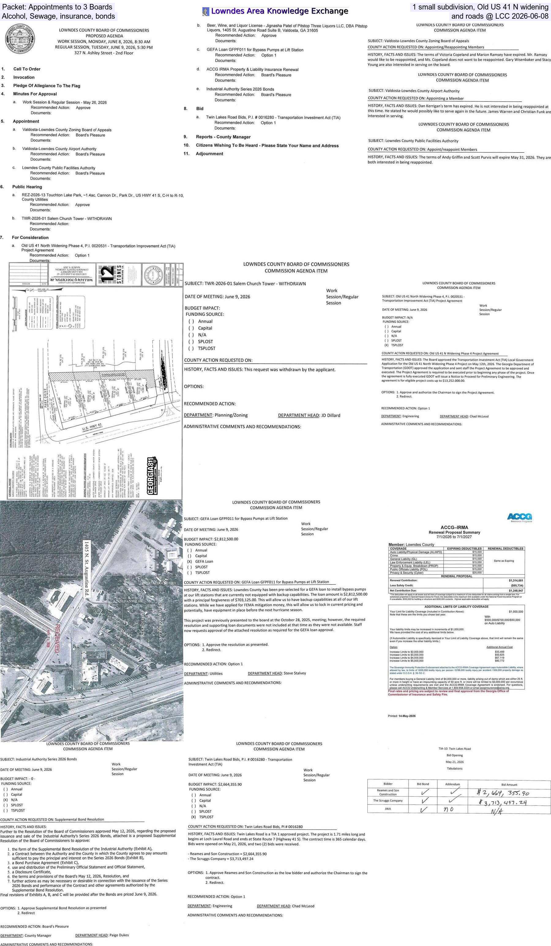 Packet: Appointments to 3 Boards, 1 small subdivision, Old US 41 N widening, Alscol, Sewage, insurance, bonds, and roads @ LCC 2026-06-08